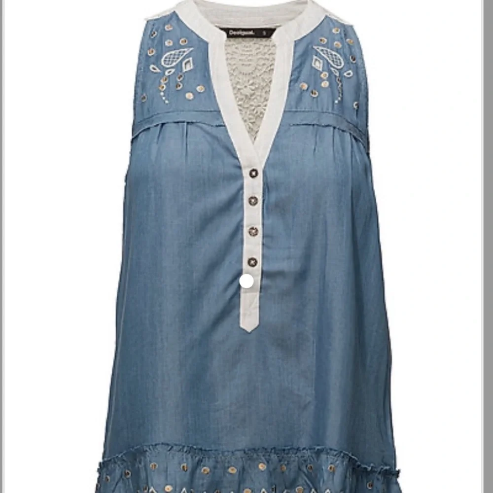 Desigual Blue Sleeveless Embroidered Tunic with White Trim